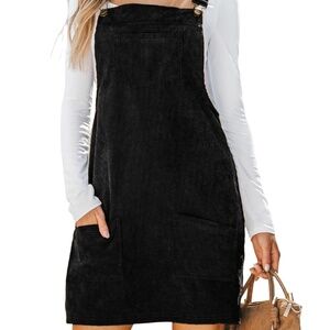 B193 Black Solid Front Pockets Sleeveless Corduroy Overall Dress